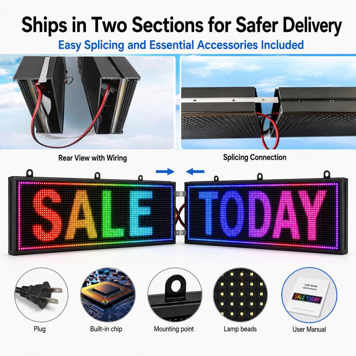 CX 65 x 34 Inch P5 Outdoor LED Sign, 320 x 160 Full-Color RGB Message Board with WiFi, Mobile App and USB Control, IP65 Display for Scrolling Text, Images and Video
