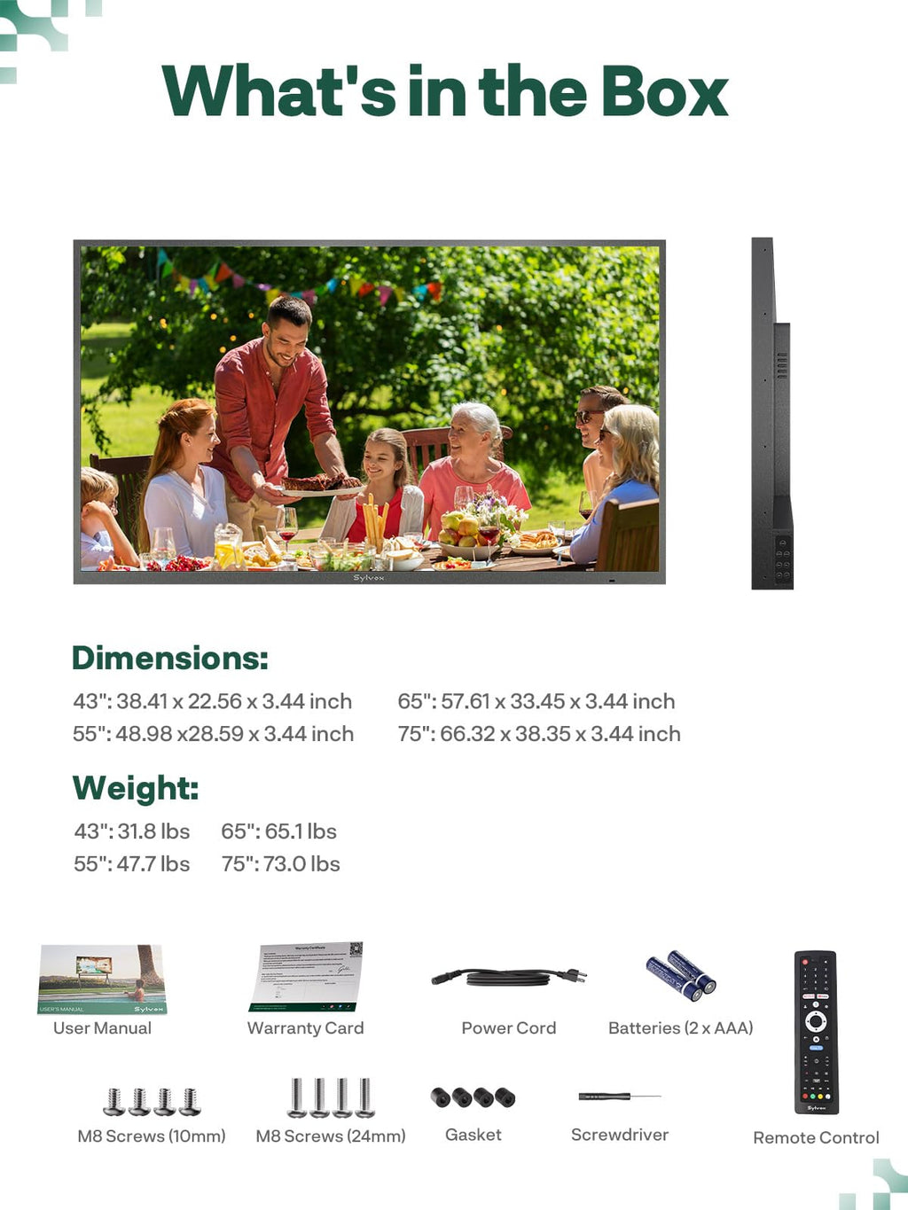 SYLVOX 75" QLED Outdoor TV, Smart Google TV, Anti-Glare 4K UHD, Dolby Atmos