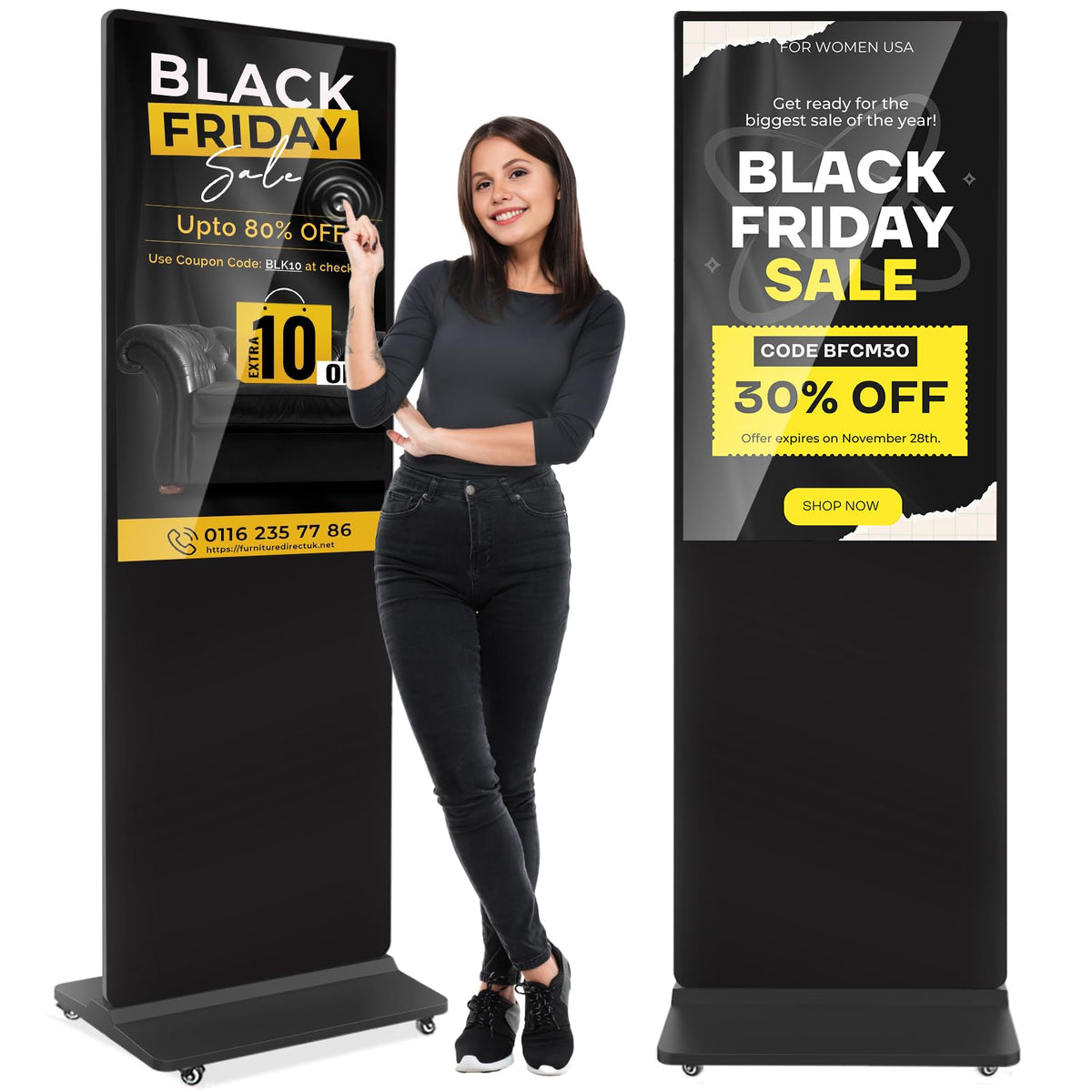 32 inch Indoor Digital Signage LCD Screen IPS Floor Standing Digital Kiosks Interactive Displays with WiFi HDMI/USB Input Auto AD Player, Android OS Black