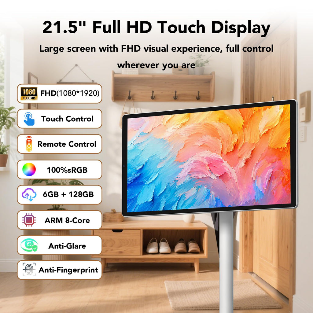 32-Inch FHD Smart Portable TV, Rolling TV on Wheels, Built-in Battery, Android 15 OS, Touch Screen Monitor, 6GB RAM + 128GB Storage, 8MP Camera, Full Swivel Rotation, Voice Remote