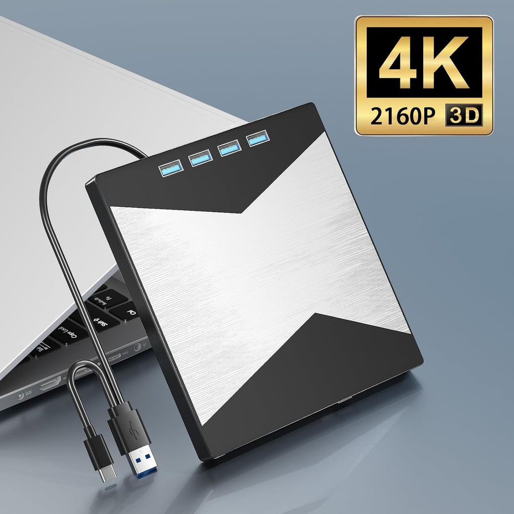 Wbacon 4K External Blu Ray Drive, USB 3.0 & 4 USB Ports 3D Blu Ray Drive