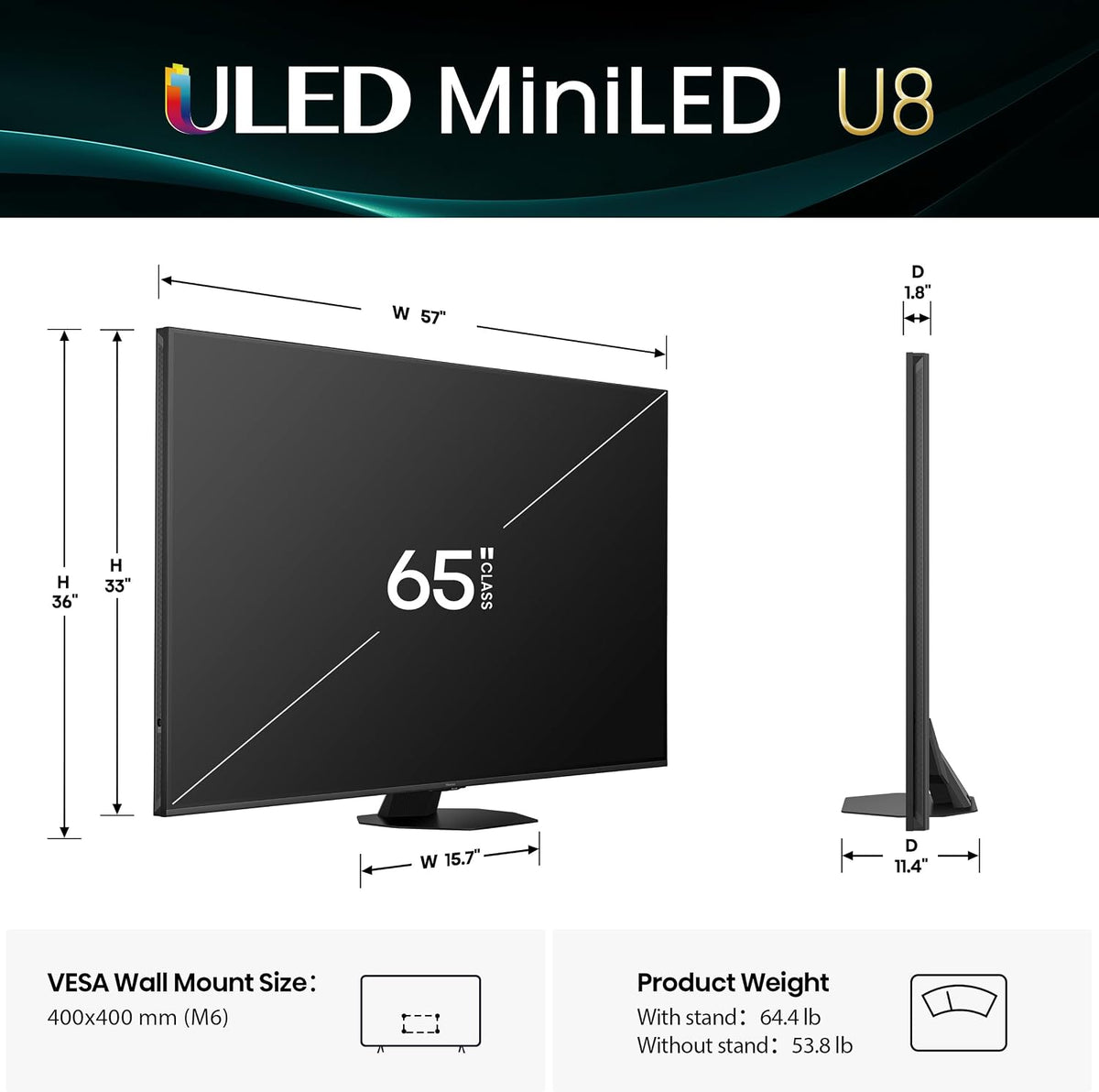 Hisense 65" U8 Series ULED Mini-LED 4K UHD Smart Google TV (65U8QG) - QLED, Native 165Hz, VRR 288, Up to LD5600, 5000 Nits, HDR10+, Dolby Vision IQ Â· Atmos, IMAX Enhanced, 4.1.2 Ch Audio