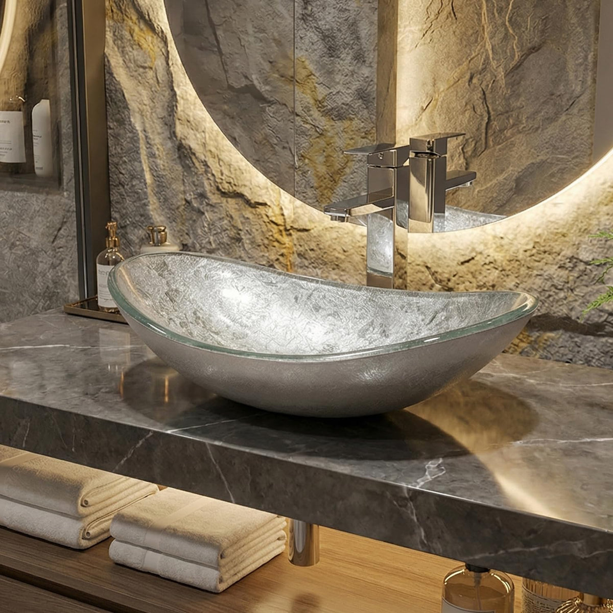 Bathroom Leaf Shape Artistic Glass Vessel Sink, Brown