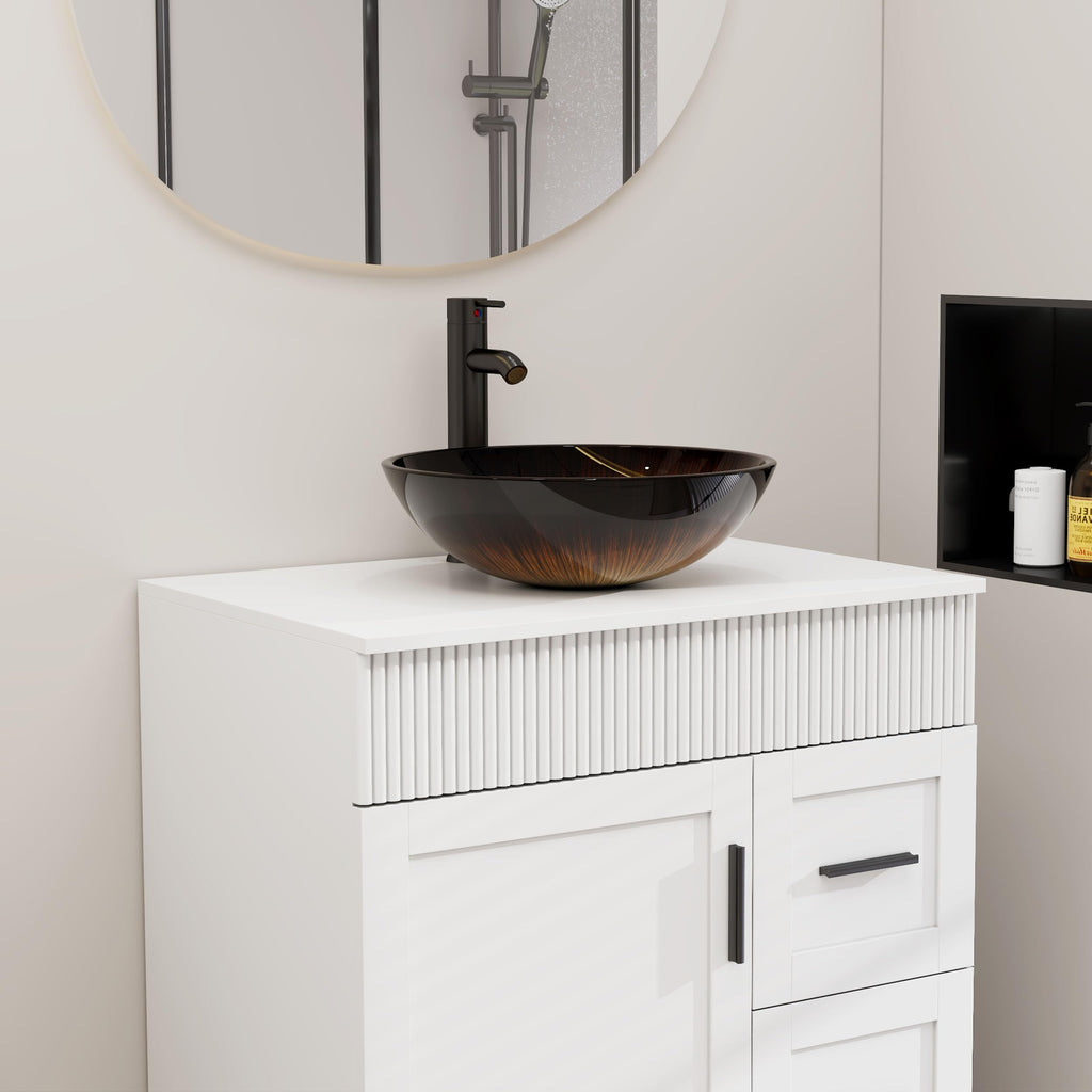 eclife 21.5" Bathroom Vessel Sink Modern Artistic Single Brown Boat Tempered Glass Basin Countertop Bowl Sink for Lavatory Vanity Cabinet, W/Water Save Faucet Pop Up Drain (A29BR)