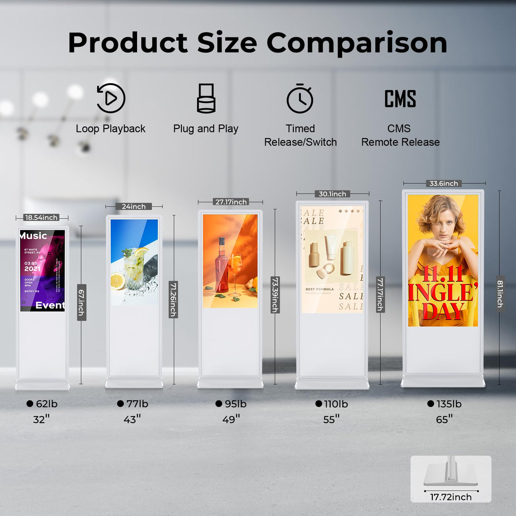 32 inch Indoor Digital Signage LCD Screen IPS Floor Standing Digital Kiosks Interactive Displays with WiFi HDMI/USB Input Auto AD Player, Android OS Black