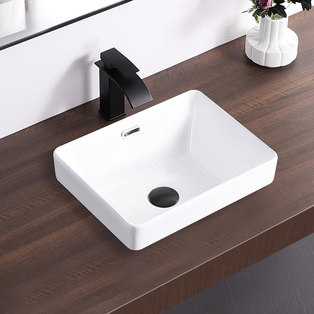 Small Bathroom Vessel Sink 16.7'' x 12.6'' Semi Recessed Bathroom Sink Rectangular Drop-in Vanity Sink with Overflow White Ceramic Modern Art Basin