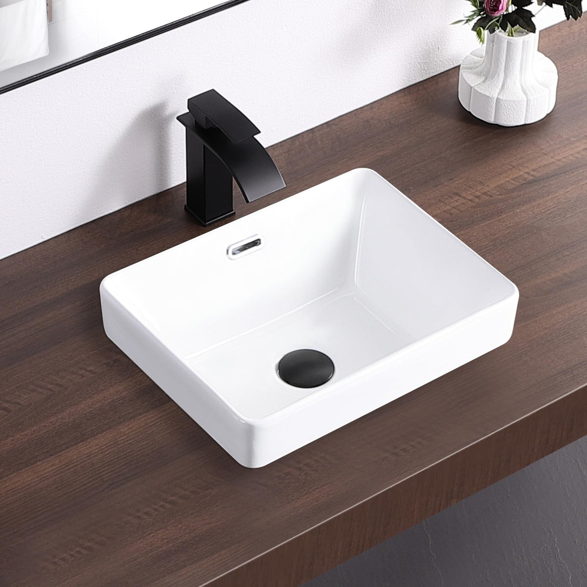 Small Bathroom Vessel Sink 16.7'' x 12.6'' Semi Recessed Bathroom Sink Rectangular Drop-in Vanity Sink with Overflow White Ceramic Modern Art Basin