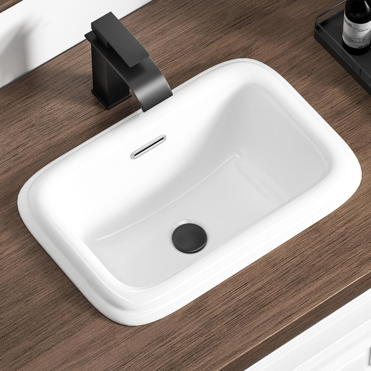 Small Bathroom Vessel Sink 16.7'' x 12.6'' Semi Recessed Bathroom Sink Rectangular Drop-in Vanity Sink with Overflow White Ceramic Modern Art Basin