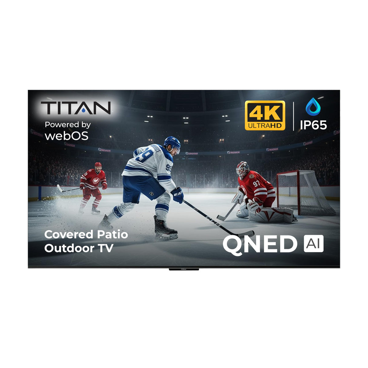 Titan G100 Mini 85 Inch Covered Patio Outdoor TV â 4K UHD QLED IP65 - Google OS, Dolby Vision & Atmos, Onkyo Speakers - Thin Bezel - Weather Resistant - 2-Year Warranty & USA Assembled