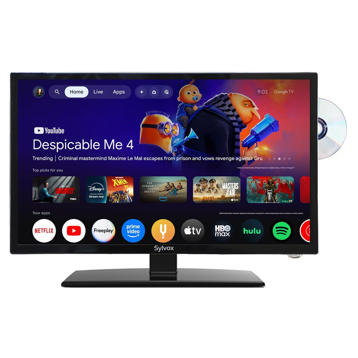 SYLVOX 24'' Smart RV TV, 12V/24V Google TV with Built-in DVD Player