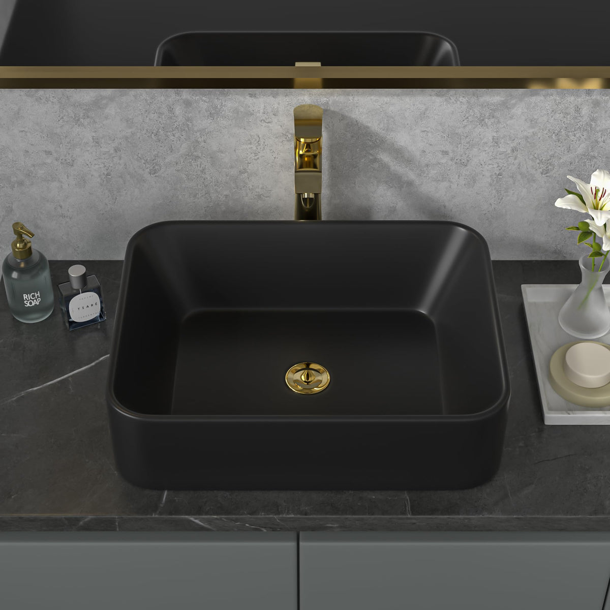 Sarlai Black Vessel Sink Rectangular - 24"x14" Modern Bathroom Vessel Sink Rectangle Above Counter Black Ceramic Porcelain Lavatory Vanity Sink Art Basin