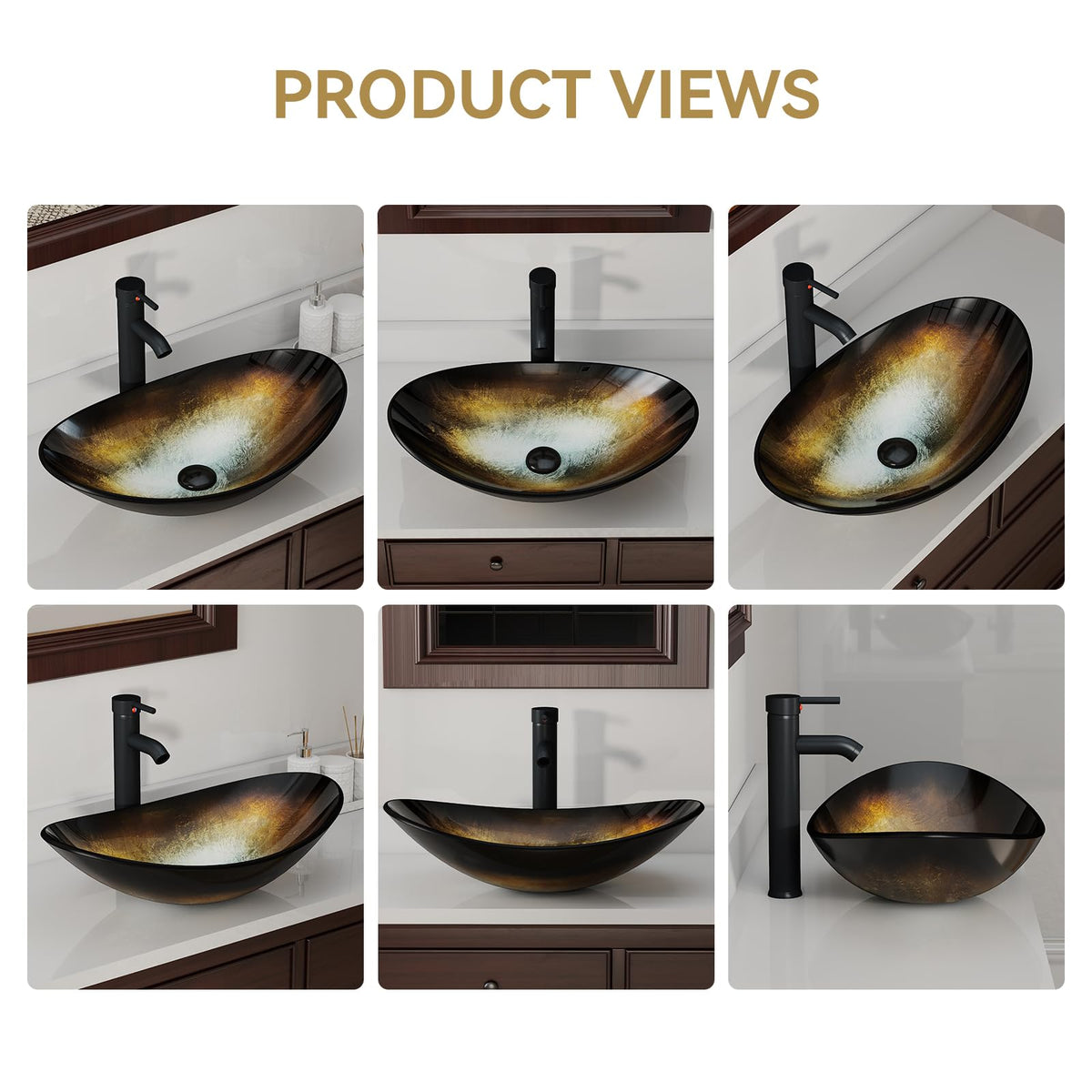 YOURLITE Bathroom Artistic Vessel Sink, Tempered Glass Countertop Bowl Sink