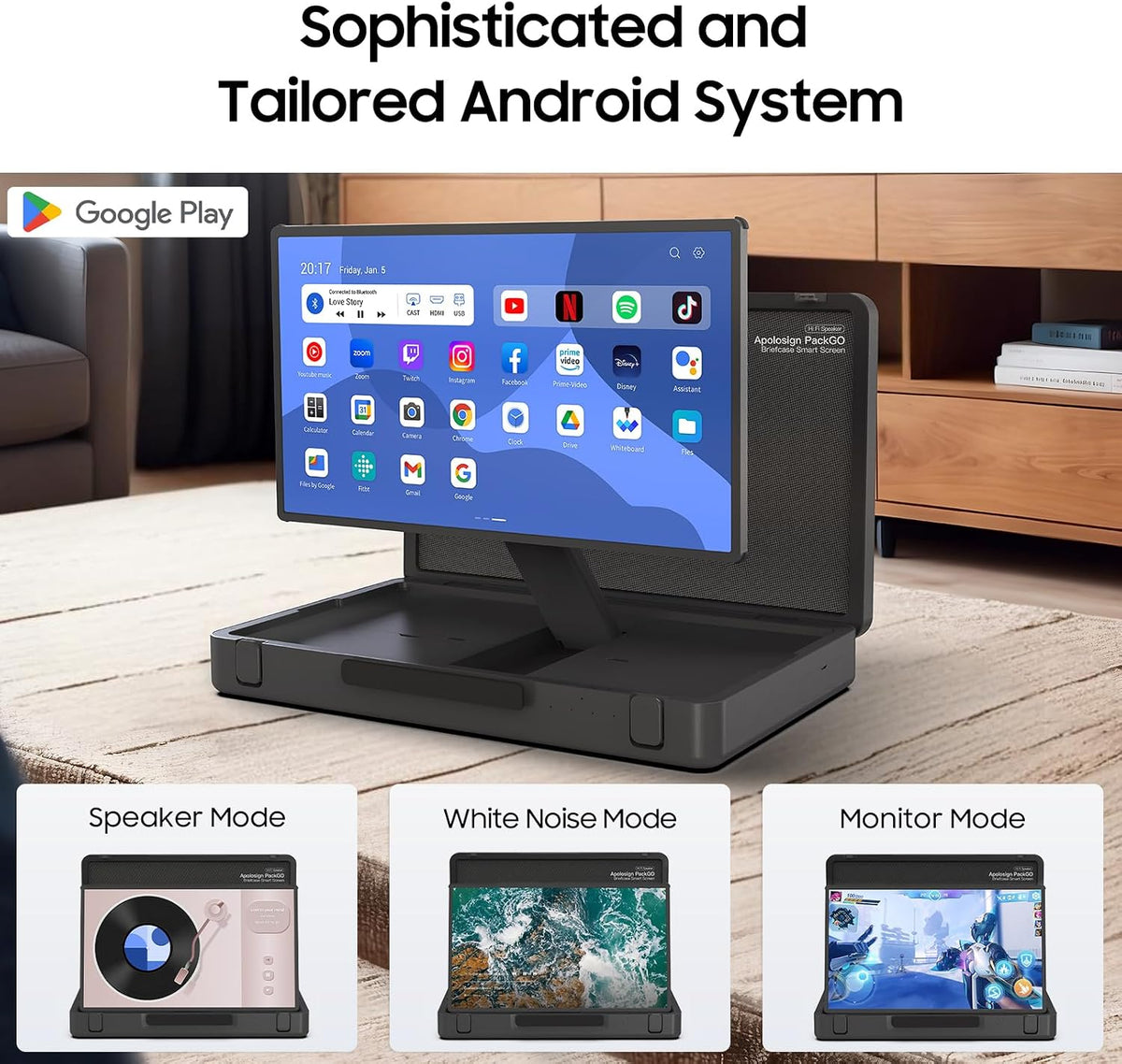 apolosign packgo 27-Inch Portable Entertainment System, Compact Suitcase Design Smart TV, Android OS, Bluetooth 3D Speakers, Built-in Battery 6H, Briefcase Screen Perfect for Travel & Parties (Gray)