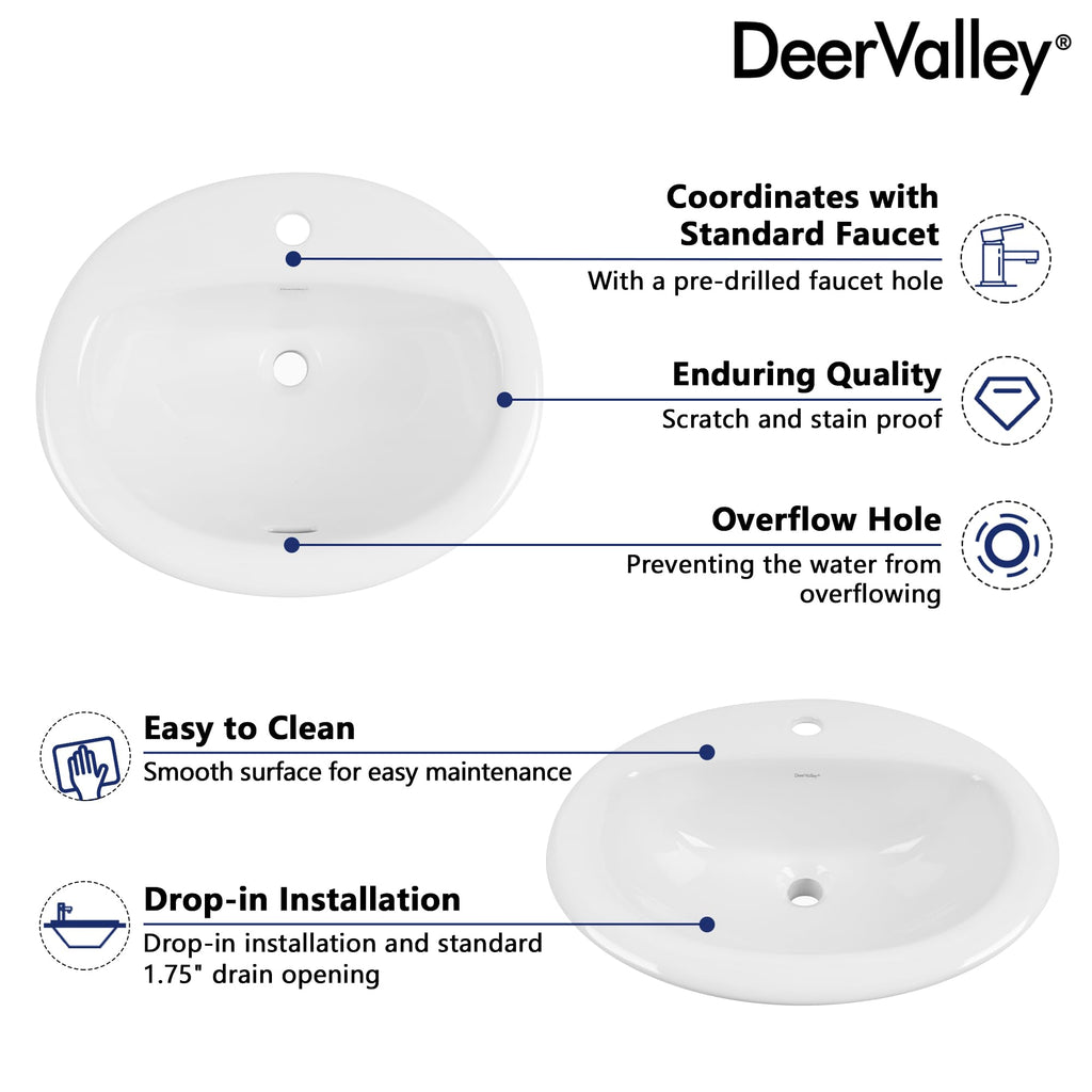 DeerValley Modern Drop In Bathroom Sink White 20"x17" Oval Vanity Art Basin
