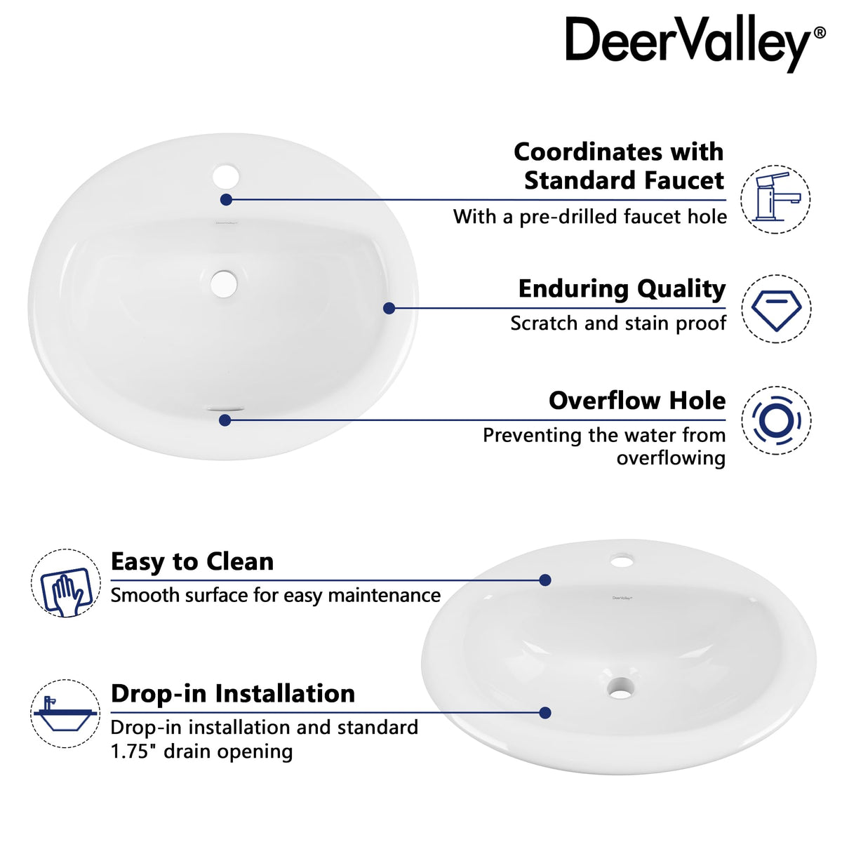DeerValley Modern Drop In Bathroom Sink White 20"x17" Oval Vanity Art Basin