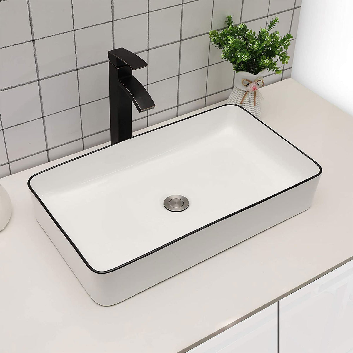Sarlai Black Vessel Sink Rectangular - 24"x14" Modern Bathroom Vessel Sink Rectangle Above Counter Black Ceramic Porcelain Lavatory Vanity Sink Art Basin