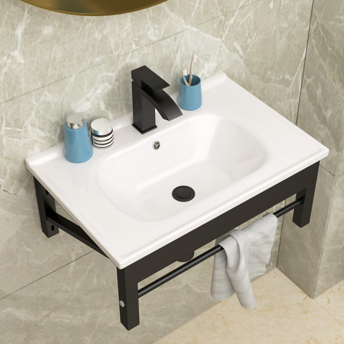 Lordear Wall Mounted Vessel Sink 16x11 Inch, U-Shape White Porcelain Bathroom Sink with Black Faucet and Support Pedestal Legs, Wall Hung Vanity Sink with Towel Rack for Small Bathrooms