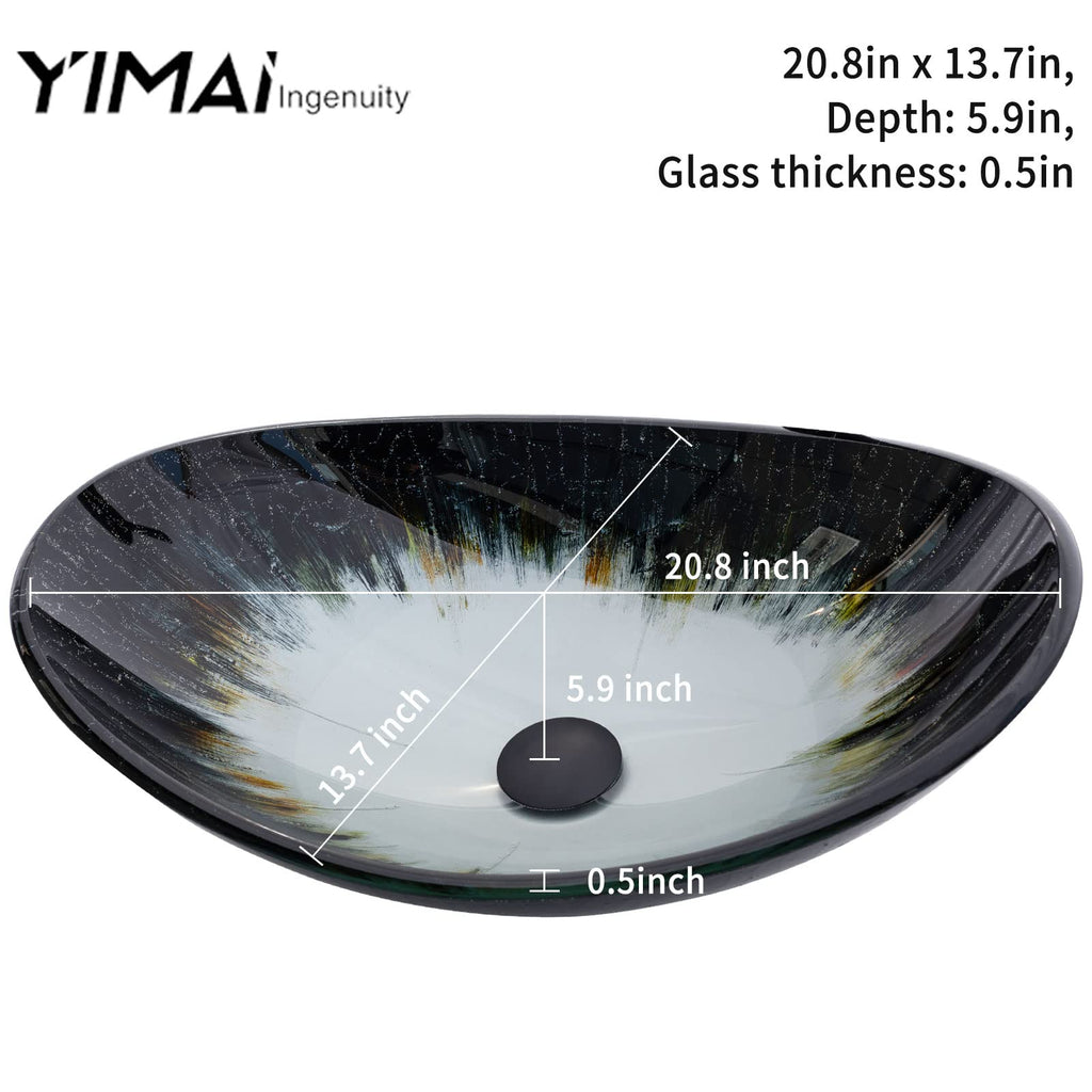 Vessel Sink Bathroom Sinks Tempered Glass Art Basin 20.8"x13.7" Oval Bowl Above Counter with Faucet and Pop-Up Drain Combo, Oval Clear Grey,Modern Countertop Bowl Sink