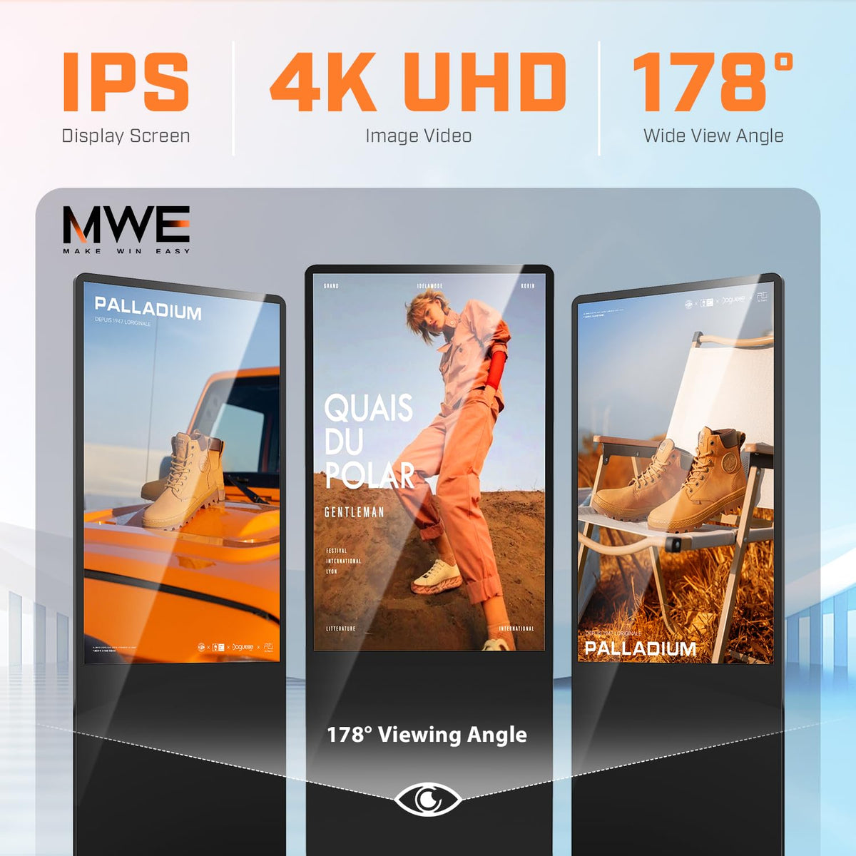 MWE 43 Inch Indoor Floor Standing Digital Signage Advertising Display Kiosk LCD Screen Commercial Totem Android System Vertical Poster with Auto Media Player