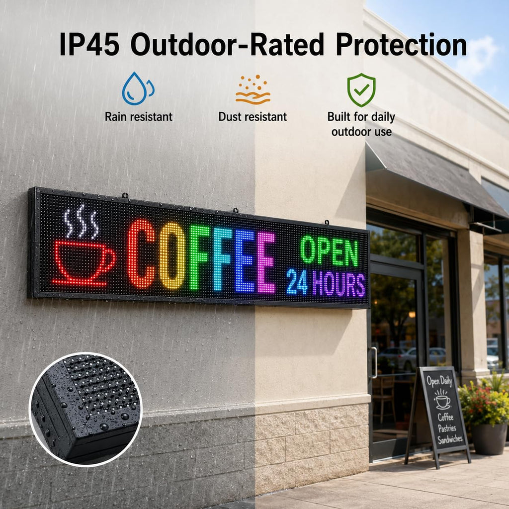 CX 65 x 34 Inch P5 Outdoor LED Sign, 320 x 160 Full-Color RGB Message Board with WiFi, Mobile App and USB Control, IP65 Display for Scrolling Text, Images and Video