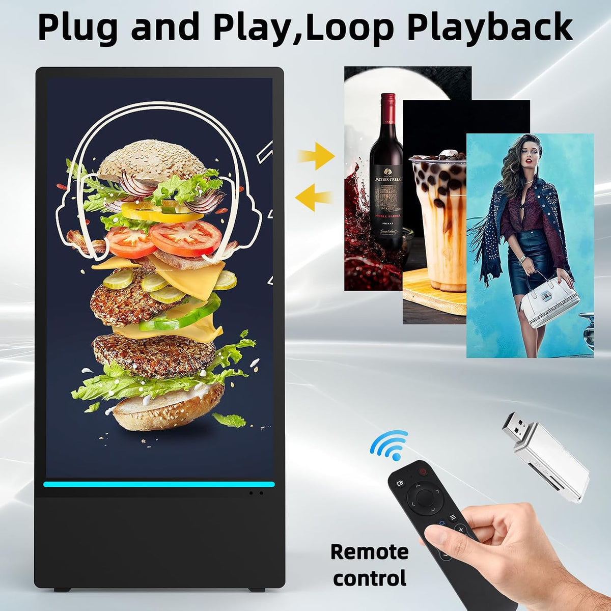 43 Inch Outdoor Digital Signage A-Frame Displays, Rechargeable Digital LCD Kiosks, Moveable Commercial Totem, IP65 Waterproof, Auto Adjustment 2000nits High Brightness Screen, High Capacity Battery for Restaurant/Bar/Food Truck/Store