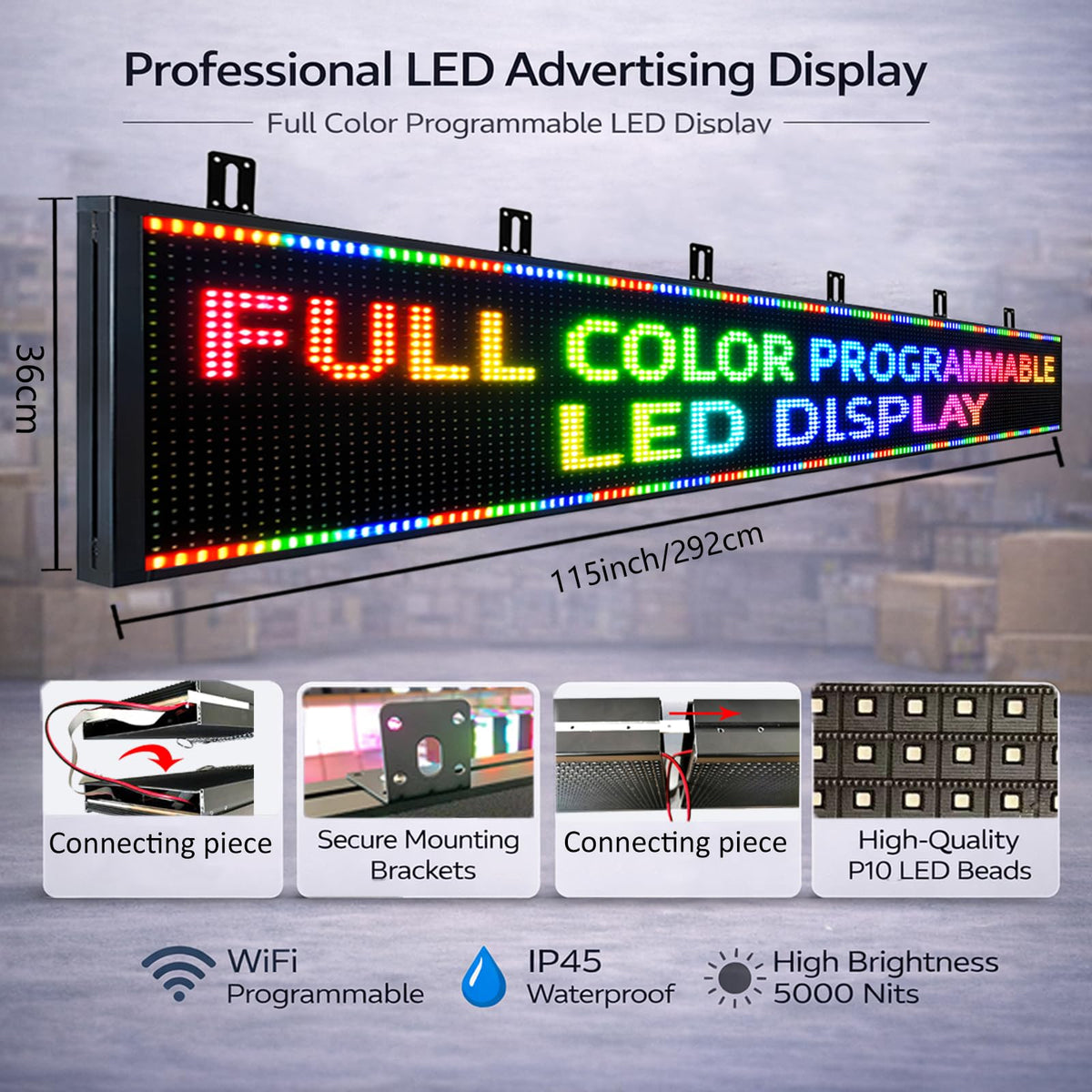 Outdoor P10 LED Message Sign 39"x14" Waterproof High Brightness WiFi Programmable Scrolling Text Display Board for Business, Storefront, Restaurant, Church, Events