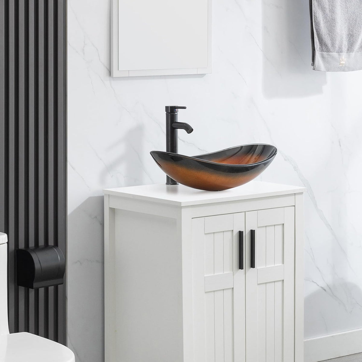 eclife 21.5" Bathroom Vessel Sink Modern Artistic Single Brown Boat Tempered Glass Basin Countertop Bowl Sink for Lavatory Vanity Cabinet, W/Water Save Faucet Pop Up Drain (A29BR)