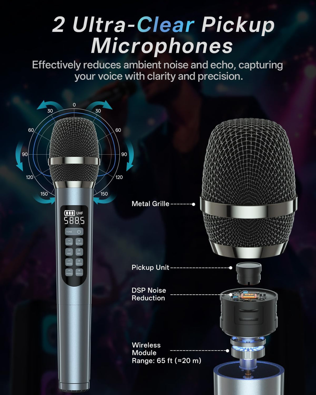Karaoke Machine Portable Outdoor Speaker with 2 Wireless Microphones
