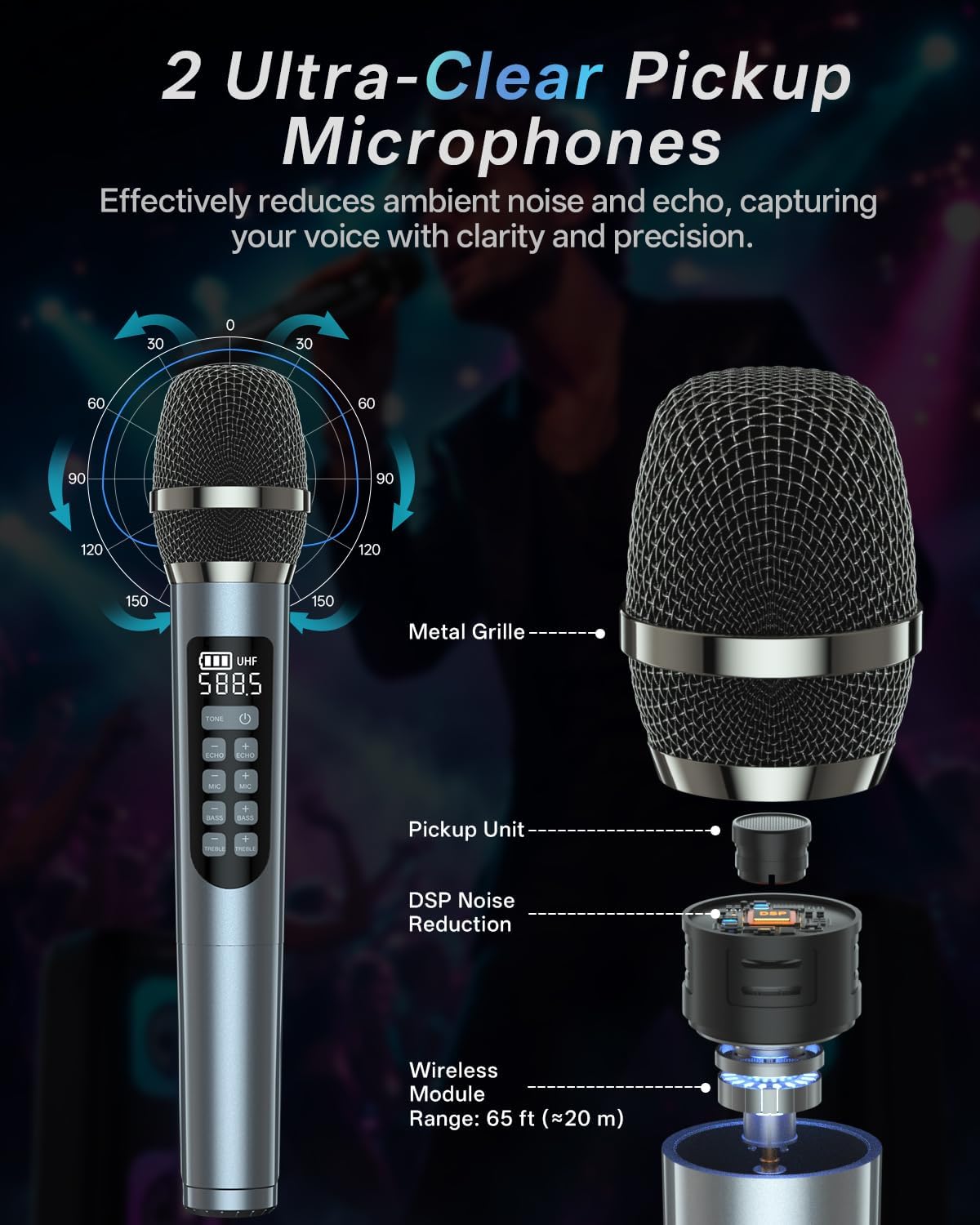 Karaoke Machine Portable Outdoor Speaker with 2 Wireless Microphones