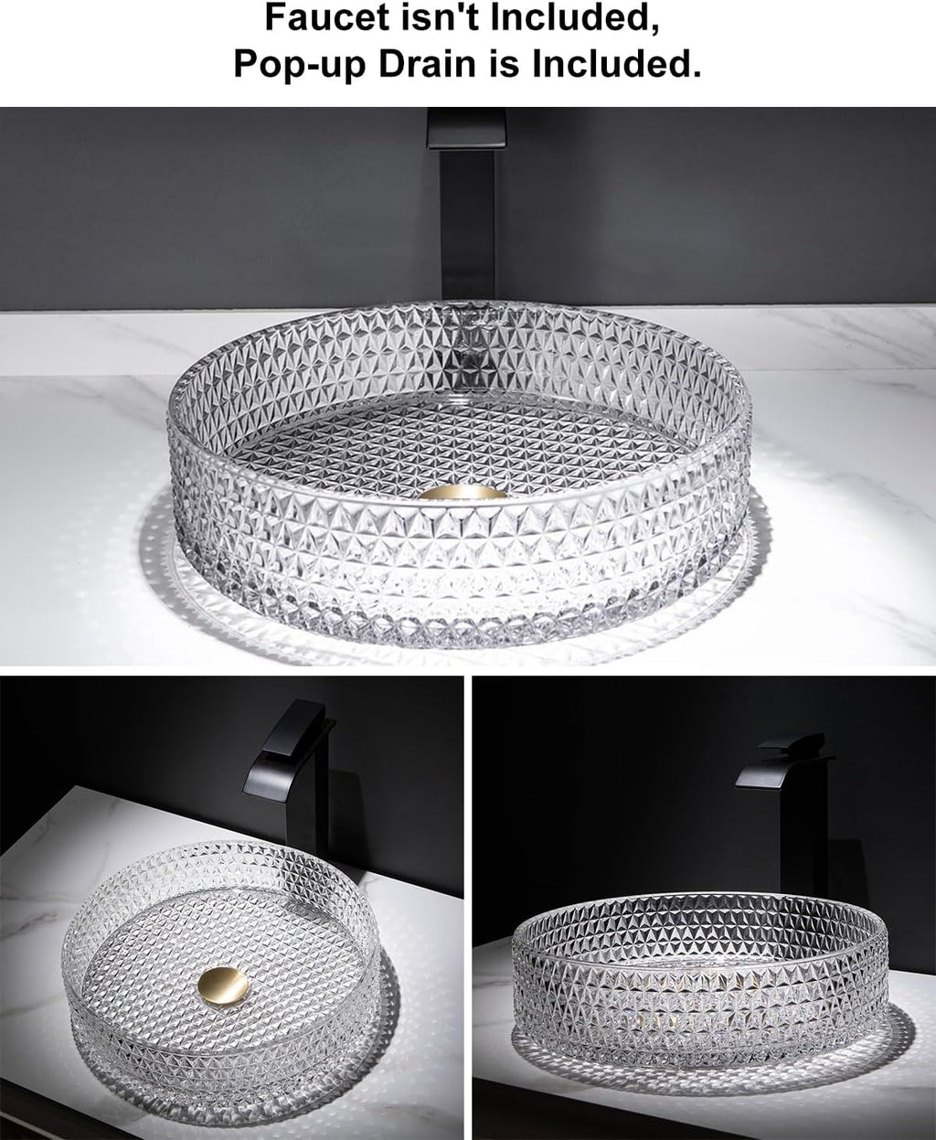 Homary Bathroom Vessel Sink Round Vessel Sink 15.35" x 4.33" Transparent Diamond Shaped Crystal Glass Bathroom Sink Above Counter with Pop-up Drain, Clear