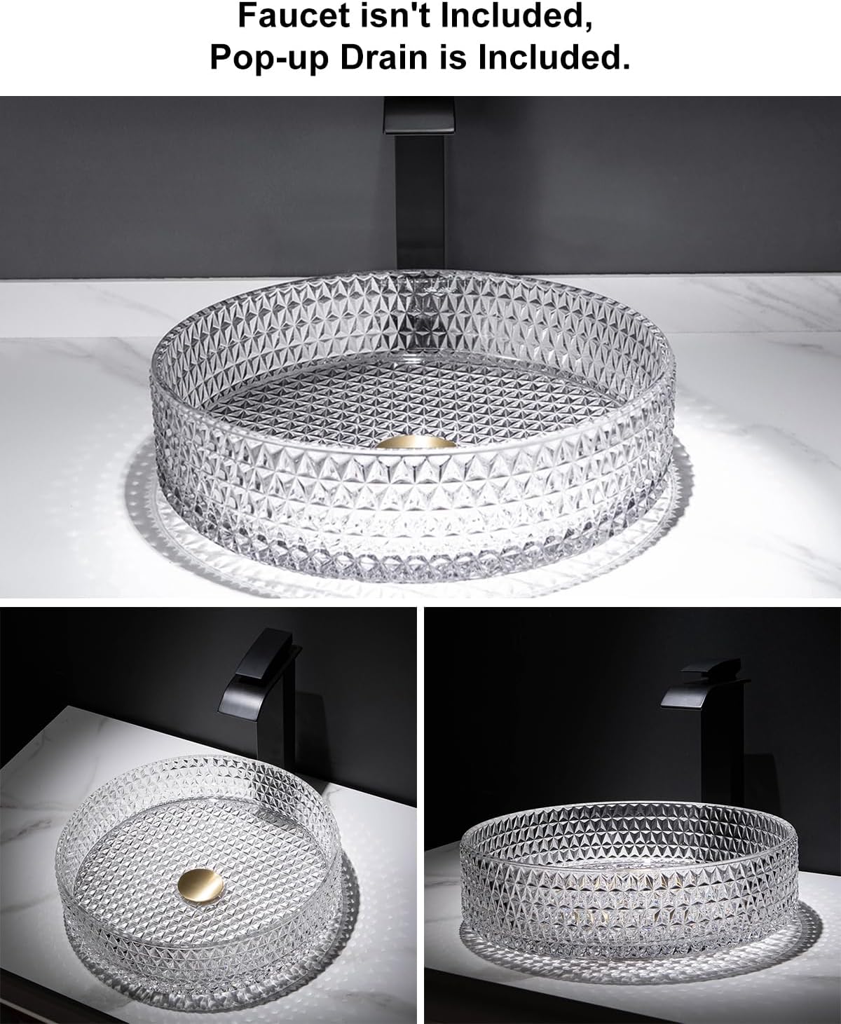 Homary Bathroom Vessel Sink Round Vessel Sink 15.35" x 4.33" Transparent Diamond Shaped Crystal Glass Bathroom Sink Above Counter with Pop-up Drain, Clear