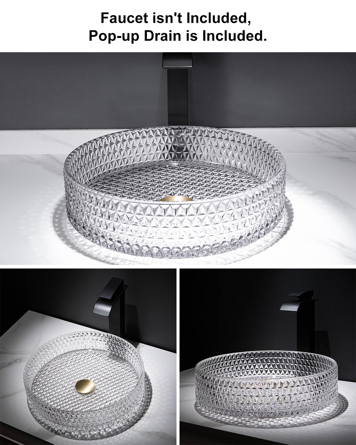 Homary Bathroom Vessel Sink Round Vessel Sink 15.35" x 4.33" Transparent Diamond Shaped Crystal Glass Bathroom Sink Above Counter with Pop-up Drain, Clear