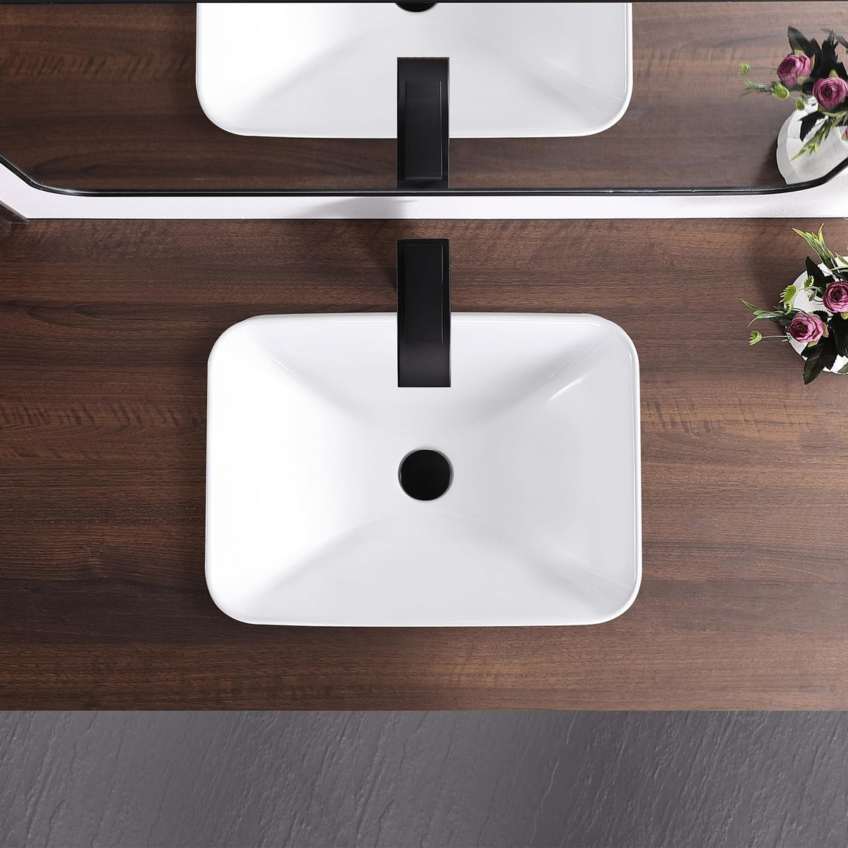Small Bathroom Vessel Sink 16.7'' x 12.6'' Semi Recessed Bathroom Sink Rectangular Drop-in Vanity Sink with Overflow White Ceramic Modern Art Basin