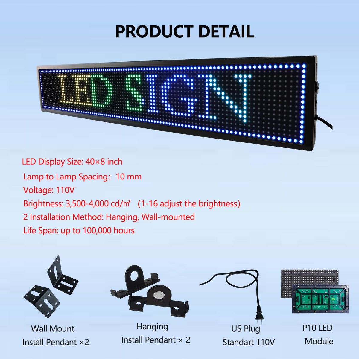 P10 Programmable LED Sign, 40"x14" Scrolling LED Sign for Business, Waterproof LED Display with WIFI & USB Control, 96x32 Pixels SMD Technology Digital Advertising Sign for Shop, Hotel, Store, Restaurant