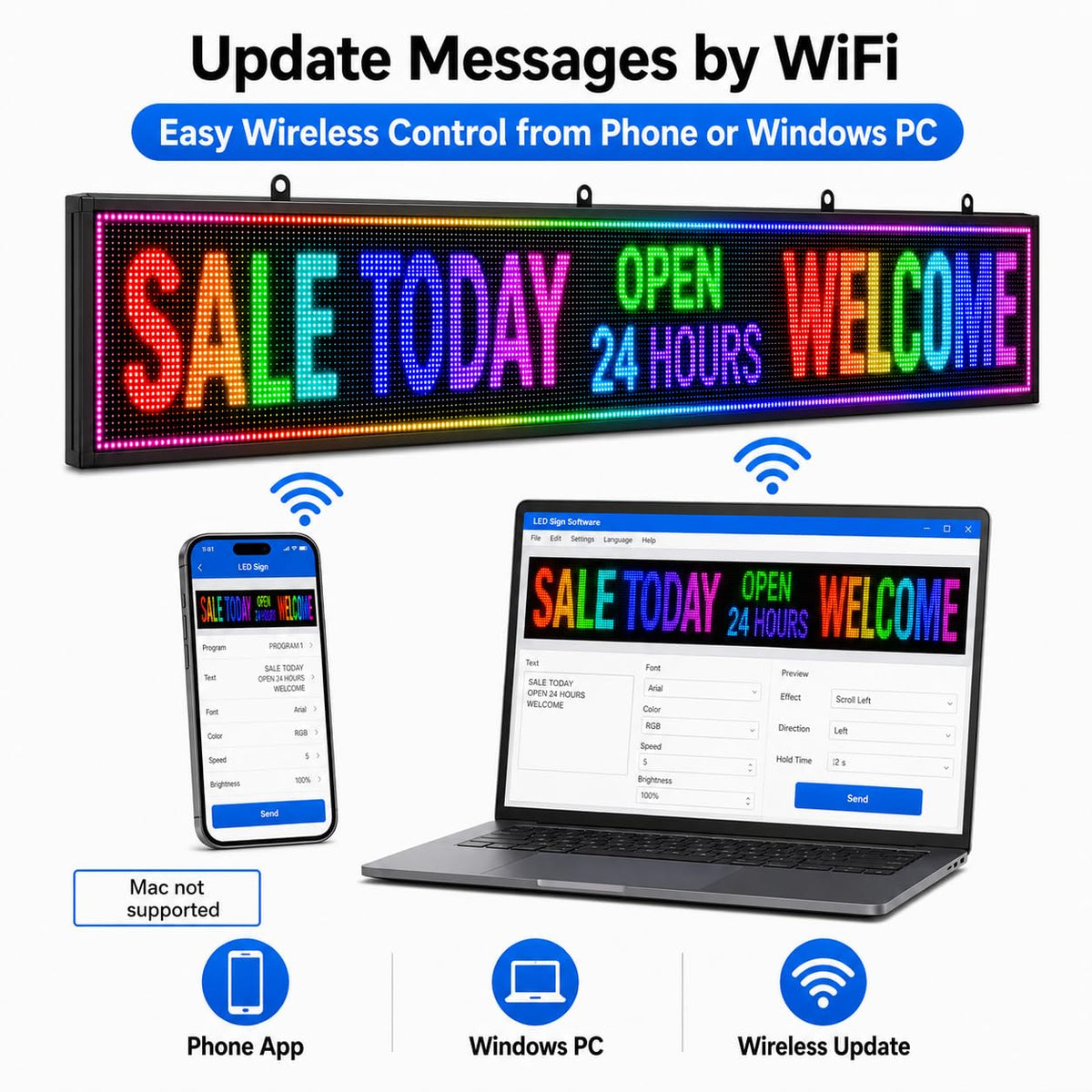 CX 65 x 34 Inch P5 Outdoor LED Sign, 320 x 160 Full-Color RGB Message Board with WiFi, Mobile App and USB Control, IP65 Display for Scrolling Text, Images and Video