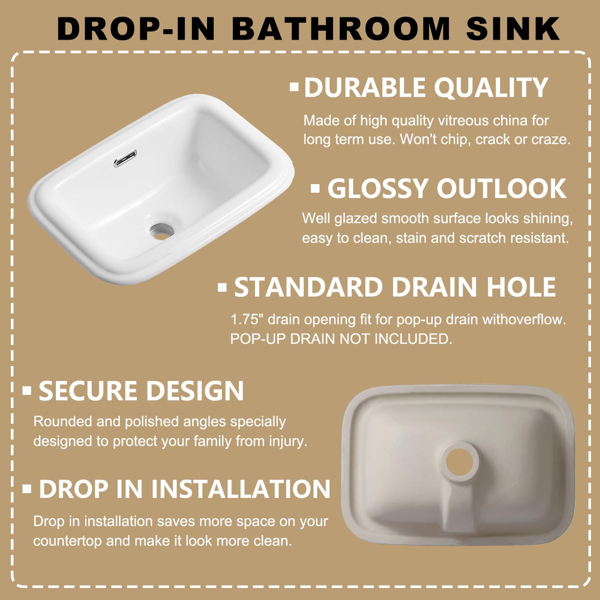 Small Bathroom Vessel Sink 16.7'' x 12.6'' Semi Recessed Bathroom Sink Rectangular Drop-in Vanity Sink with Overflow White Ceramic Modern Art Basin