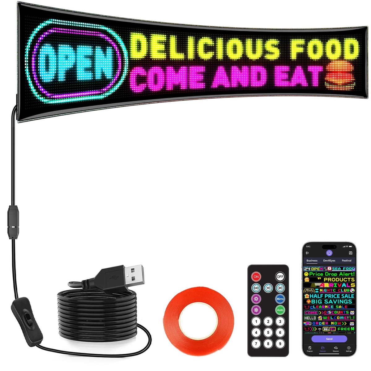 Rayhome Full Color Dual Row Programmable LED Sign, 43''x6.3'' Flexible P5 USB Bluetooth APP Control LED Signs Custom Text Message Pattern Scrolling LED Display for Store Bar Hotel School.