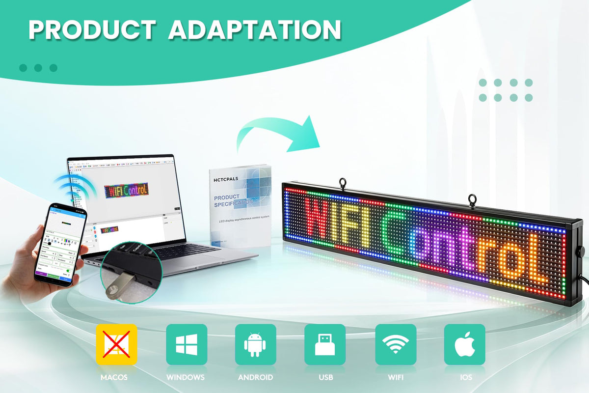 HCTCPALS P5 Outdoor LED Sign 65''x34'' Full-Color Programmable Digital Message Board High-Brightness IP65 Waterproof LED Display with WiFi & USB Control,Scrolling Message Board for Business Advertising-Text/Image/Video