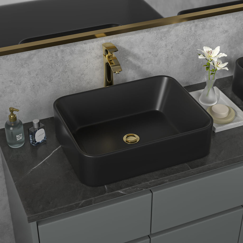 Sarlai Black Vessel Sink Rectangular - 24"x14" Modern Bathroom Vessel Sink Rectangle Above Counter Black Ceramic Porcelain Lavatory Vanity Sink Art Basin