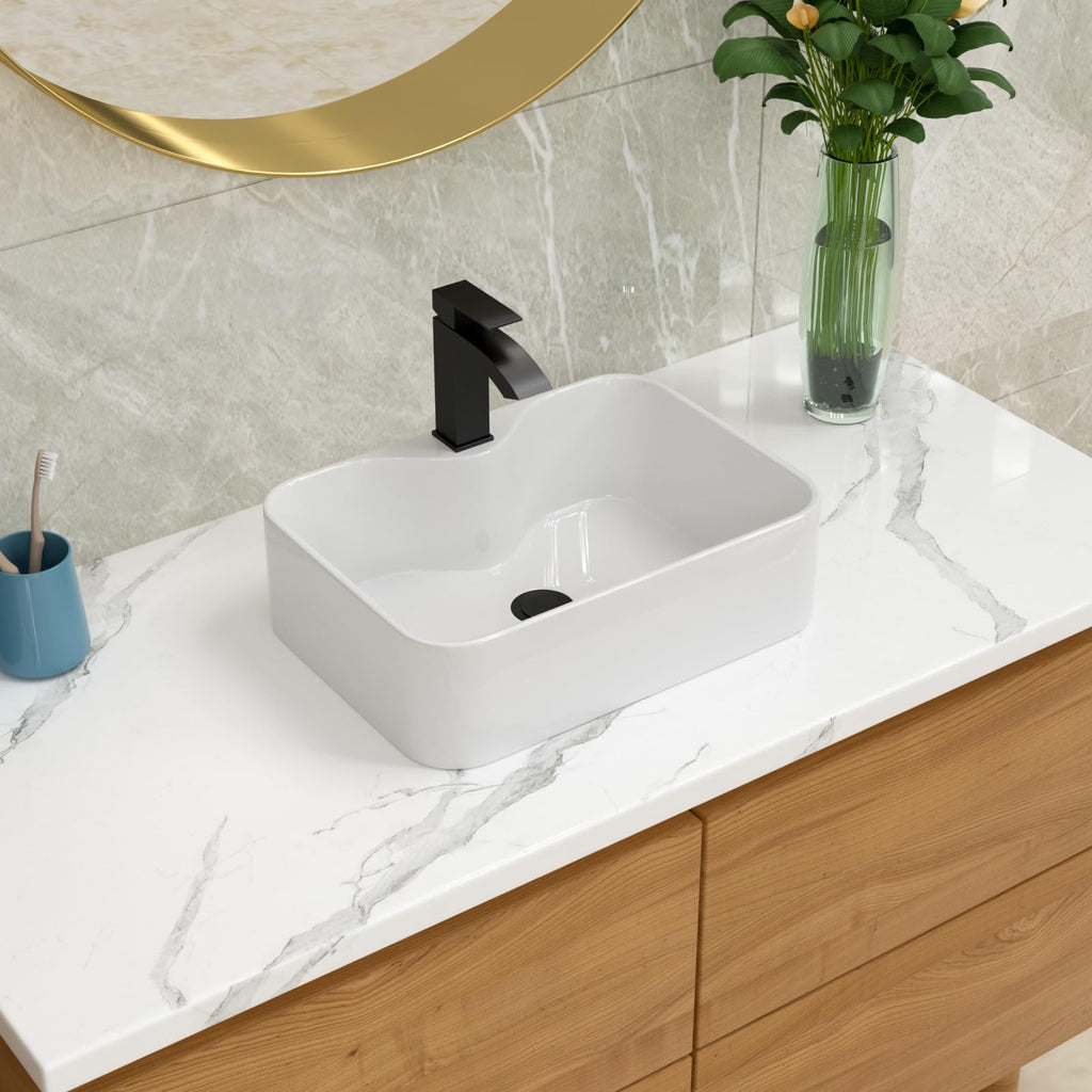 Lordear Wall Mounted Vessel Sink 16x11 Inch, U-Shape White Porcelain Bathroom Sink with Black Faucet and Support Pedestal Legs, Wall Hung Vanity Sink with Towel Rack for Small Bathrooms