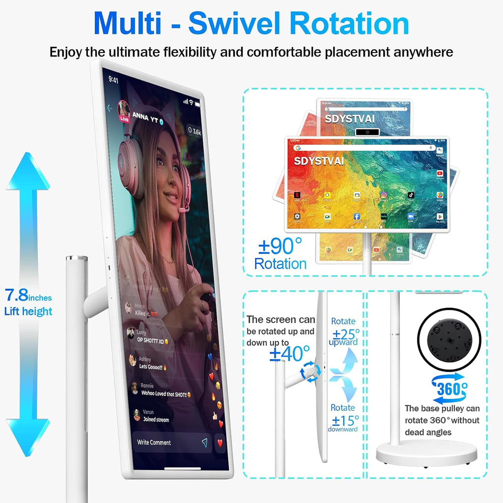 32-Inch FHD Smart Portable TV, Rolling TV on Wheels, Built-in Battery, Android 15 OS, Touch Screen Monitor, 6GB RAM + 128GB Storage, 8MP Camera, Full Swivel Rotation, Voice Remote
