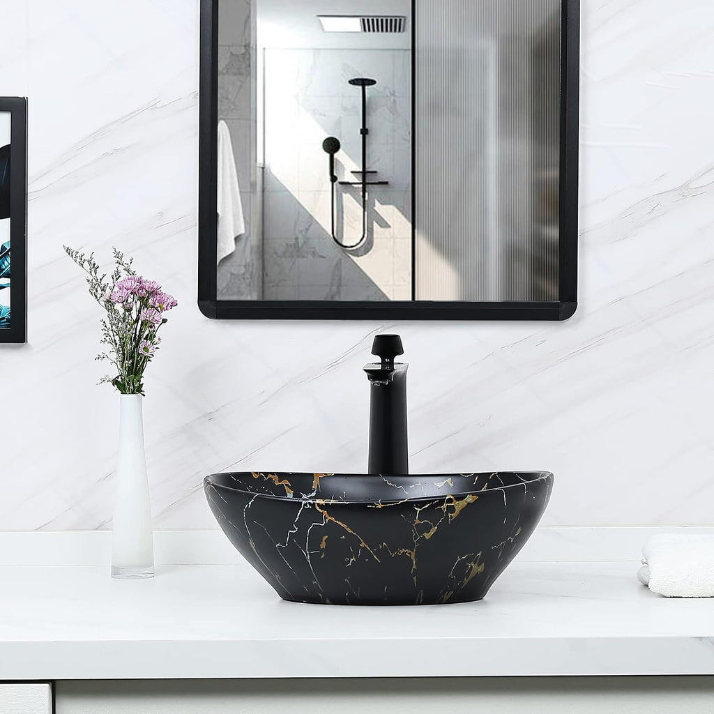 Davivy 16'' X 13.2'' Matte Black Oval Vessel Sink with Pop Up Drain,Bathroom Vessel Sinks,Bathroom Sinks Above Counter,Ceramic Vessel Sink,Counter top Sink,Black Sink Bowls for Bathroom