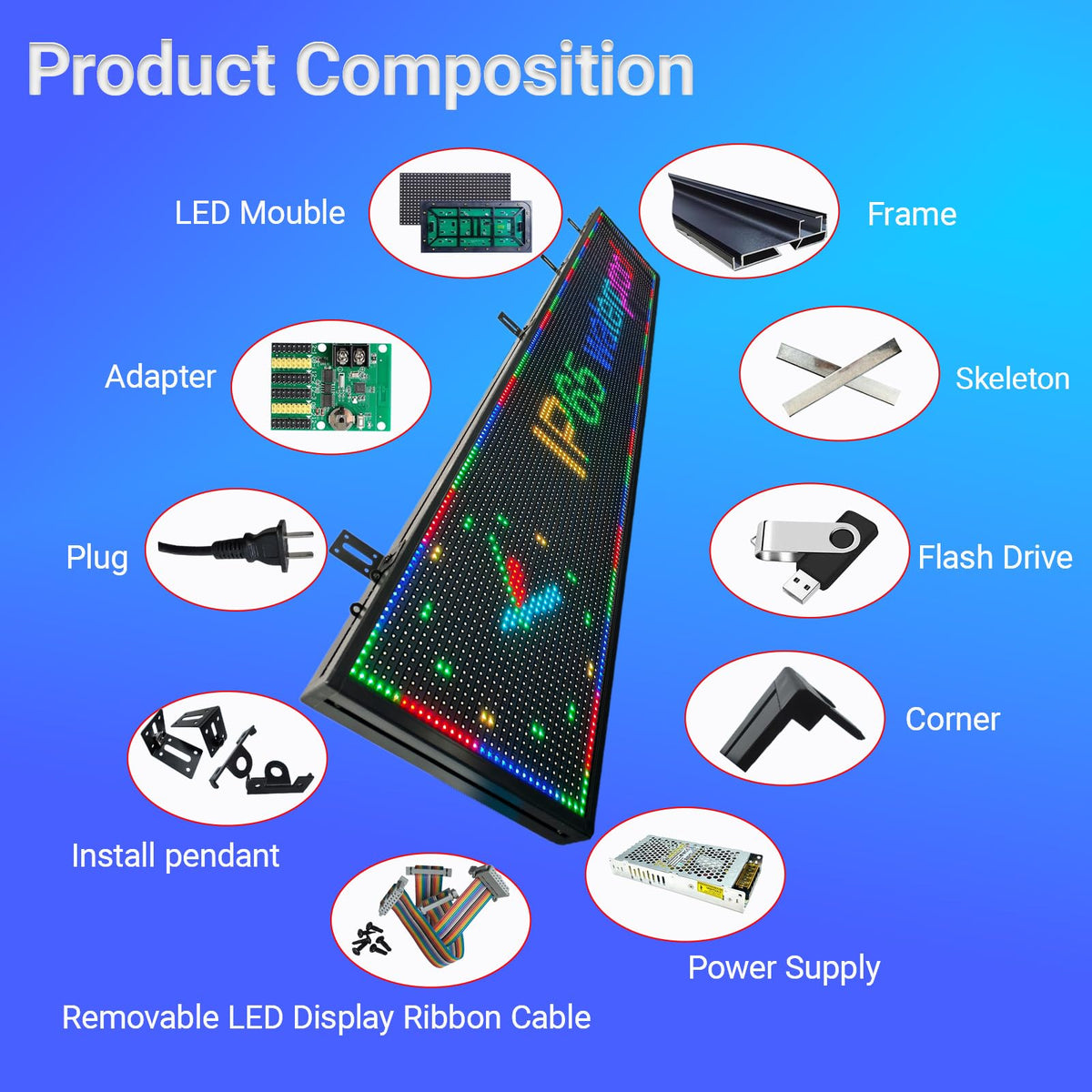 P3 Full Color Programmable LED Sign, IP65 Outdoor, WiFi Control, Support Custom Video, Electronic Message Board for Business, 40''Ã17''