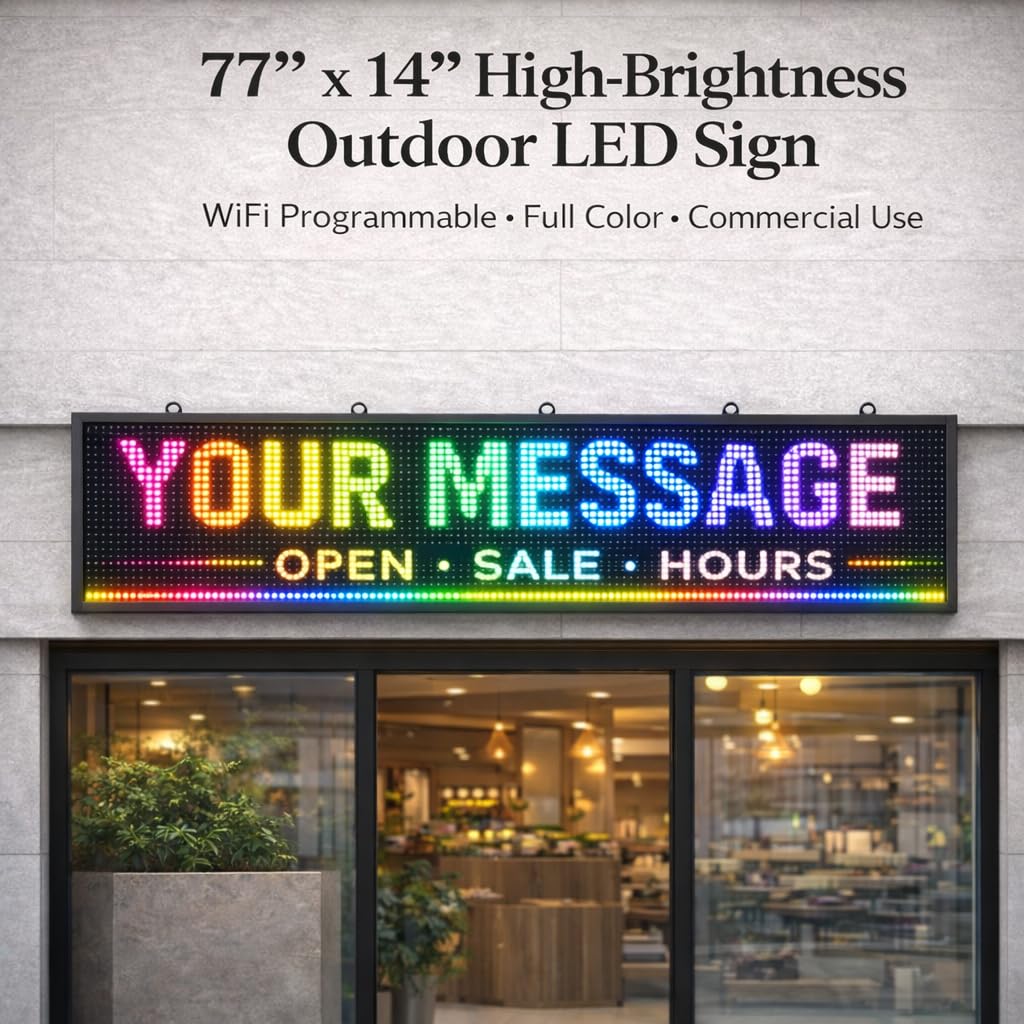 Outdoor P10 LED Message Sign 39"x14" Waterproof High Brightness WiFi Programmable Scrolling Text Display Board for Business, Storefront, Restaurant, Church, Events