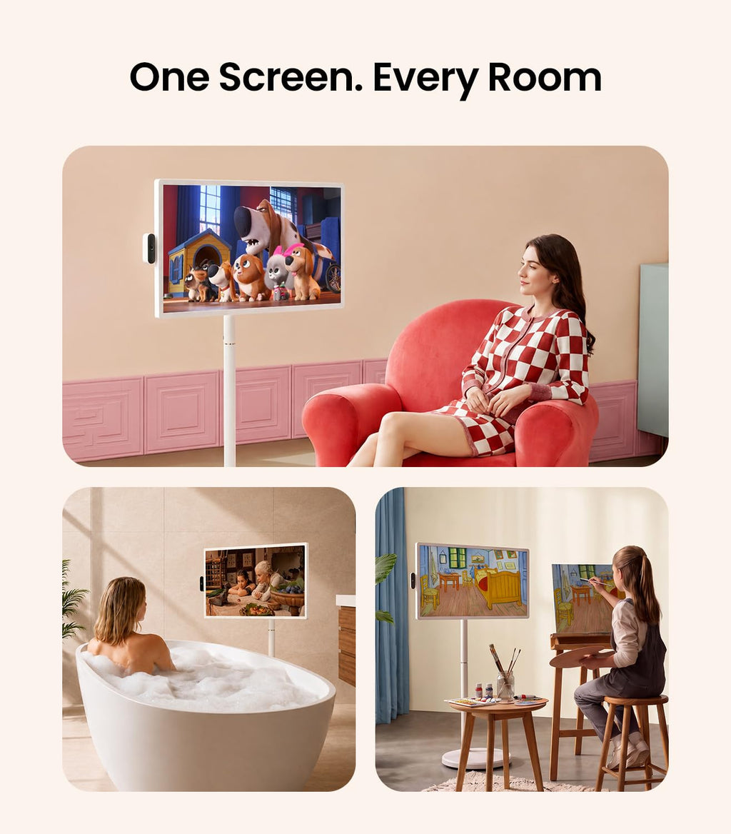ApoloSign 32 Inch 4K UHD Smart Portable TV on Wheels, Android 16 EDLA Certified, 256GB Storage, Built-in 15000mAh Battery, Voice Remote, Touch Screen TV with Rolling Stand for Home, Office - Gen2