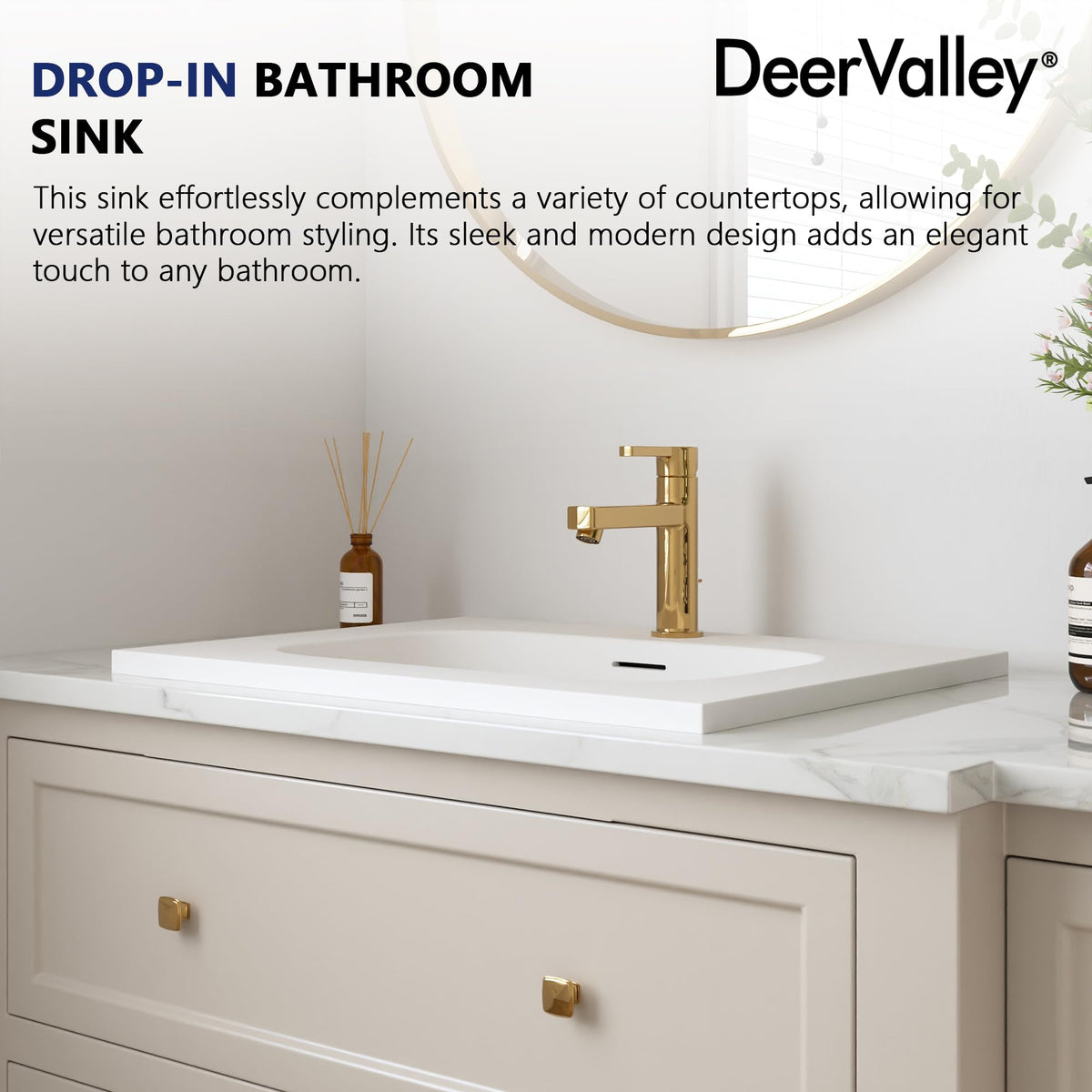 DeerValley Modern Drop In Bathroom Sink White 20"x17" Oval Vanity Art Basin