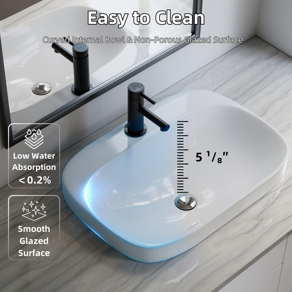 20â³W x 17â³D Drop In Bathroom Sink with Free Pop-Up Drain, White Ceramic Rectangular Semi Recessed Bathroom Sink with Single Faucet Hole, Modern Vessel Sink, Durable Above Counter Basin