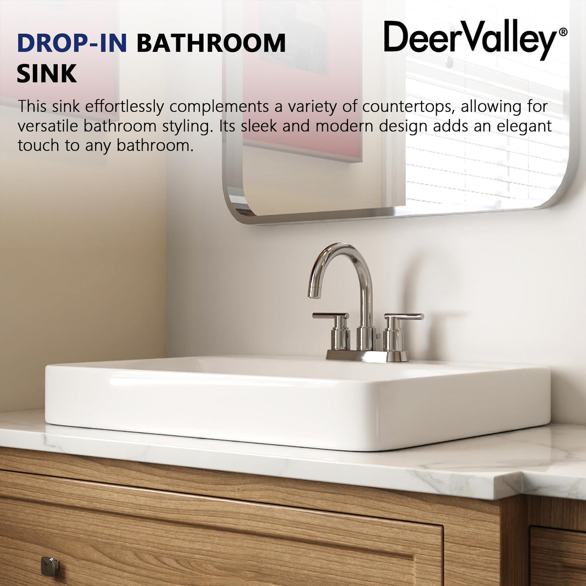 DeerValley Modern Drop In Bathroom Sink White 20"x17" Oval Vanity Art Basin