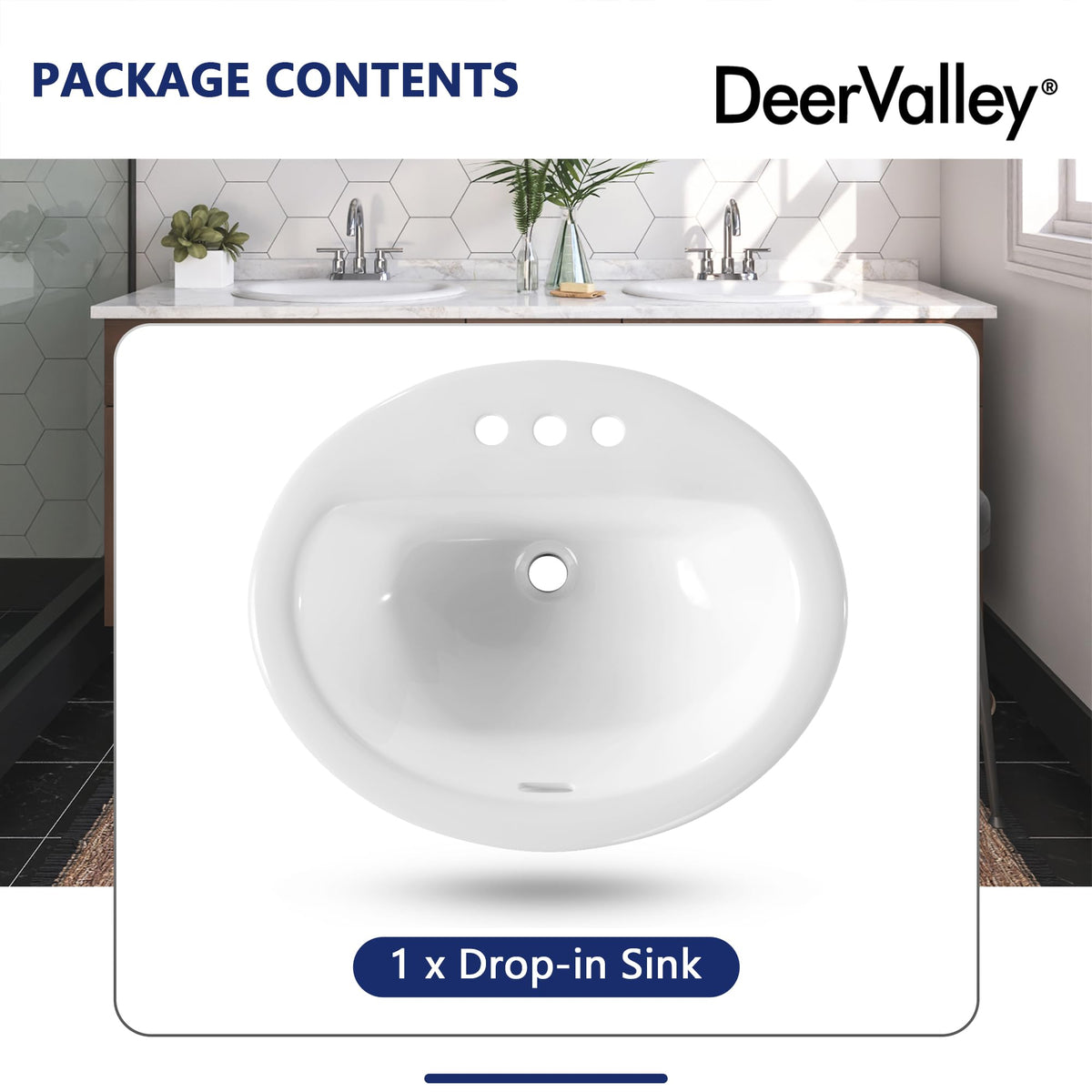 DeerValley Modern Drop In Bathroom Sink White 20"x17" Oval Vanity Art Basin