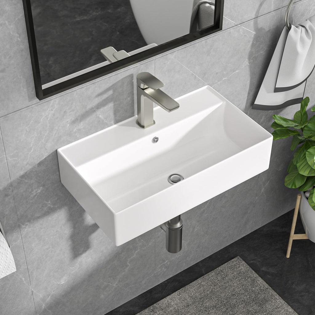 Lordear Wall Mounted Vessel Sink 16x11 Inch, U-Shape White Porcelain Bathroom Sink with Black Faucet and Support Pedestal Legs, Wall Hung Vanity Sink with Towel Rack for Small Bathrooms